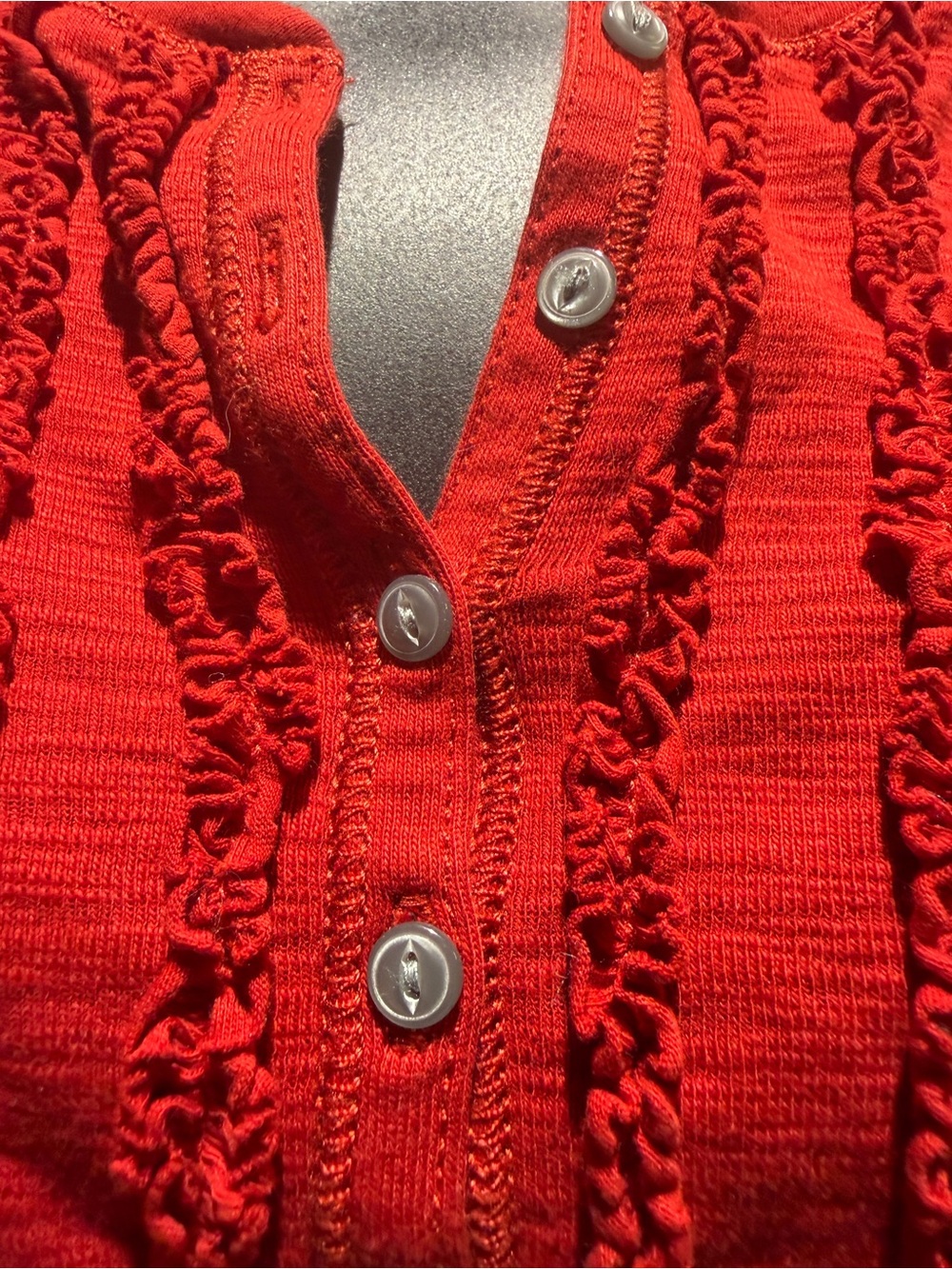 Chaps Red Button-Front Ruffle Trim Knit Top - Picture 2 of 3